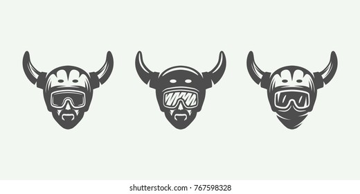 Set of vintage snowboarding, ski or winter head logos, badges, emblems and design elements. Vector illustration. Monochrome Graphic Art.