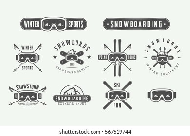 Conjunto de logotipos vintage de snowboard o deportes de invierno, insignias, emblemas y elementos de diseño. Ilustración vectorial. Arte gráfico monocromo.

