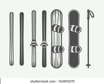 Set of vintage snowboarding or winter sports design elements. Vector illustration. Monochrome Graphic Art.