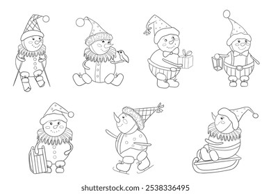 Set of vintage snowmen. Winter fun. Black and white vector hand drawn illustration in cartoon style. Christmas element for cards, print, banners and other design