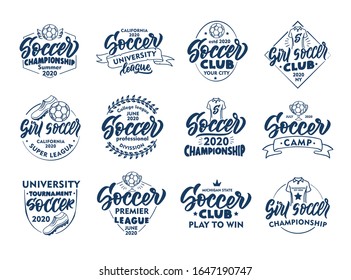 Set of vintage Soccer emblems and stamps. Blue badges, stickers on white background isolated. Collection of retro logos with hand-drawn text, phrases. Vector illustration