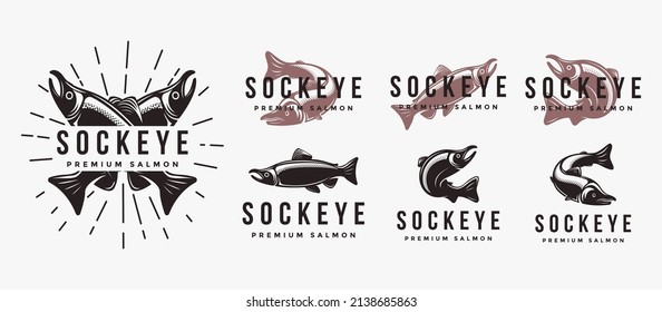 Set Of Vintage Sockeye Salmon Fish Logo Icon Vector Template On White Background