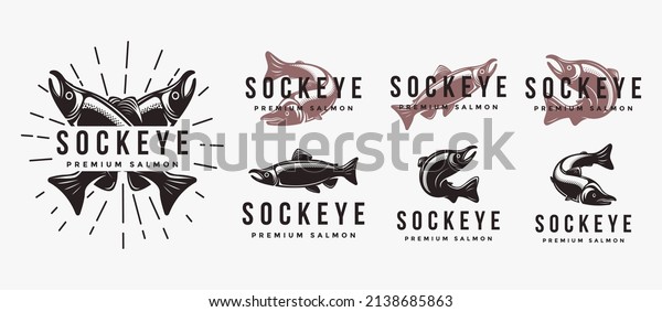 Set of Vintage Sockeye Salmon fish logo icon\
vector template on white\
background