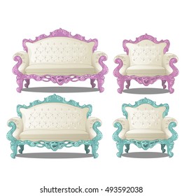 Set of vintage sofas and chairs. Furniture for interior vintage style isolated on a white background. Cartoon vector close-up illustration.