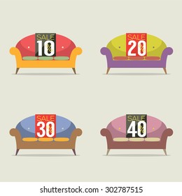 Set Of Vintage Sofas On Sale Vector Illustration