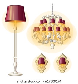 Set of vintage the source of interior lighting isolated on white background. Luminous chandelier, floor lamp or torchere, sconce or wall lamp. Vector cartoon close-up illustration.