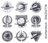 Set of vintage space and astronaut badges, emblems, logos and labels. Monochrome style