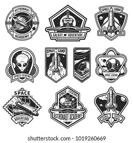 Set of vintage space and astronaut badges, emblems, logos and labels. Monochrome style. Vector illustration