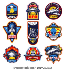 Set of vintage space and astronaut badges, emblems, logos and labels. Monochrome style. Vector illustration