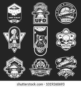 Set of vintage space and astronaut badges, emblems, logos and labels. Monochrome style. Vector illustration