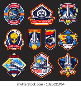 Set of vintage space and astronaut badges, emblems, logos and labels. Coloure style. Vector illustration