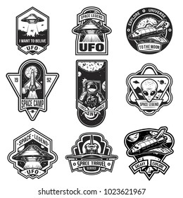 Set of vintage space and astronaut badges, emblems, logos and labels. Monochrome style. Vector illustration