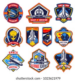 Set of vintage space and astronaut badges, emblems, logos and labels. Monochrome style. Vector illustration