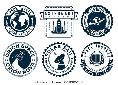 Set of vintage space and astronaut badges, emblems, icons and labels. Monochrome style. Retro space badges set. Astronaut emblems
