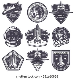 Set of vintage space and astronaut badges, emblems, logos and labels. Monochrome style