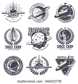 Set of vintage space and astronaut badges, emblems, logos and labels. Monochrome style