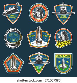 Set of vintage space and astronaut badges, emblems, logos and labels. Colored on dark background.