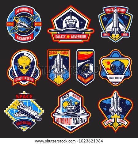 Set of vintage space and astronaut badges, emblems, logos and labels. Coloure style. Vector illustration