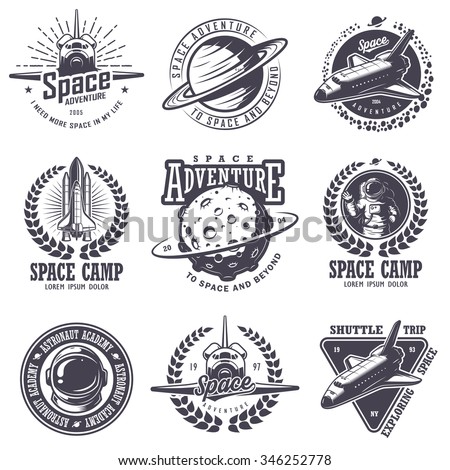 Set of vintage space and astronaut badges, emblems, logos and labels. Monochrome style