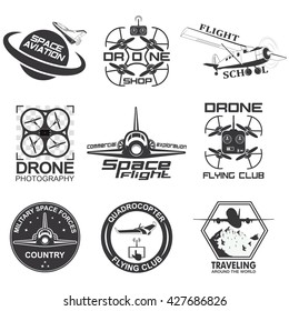 Set of vintage space, drone , aeronautics flight emblems, labels, badges and logos