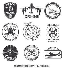 Set of vintage space, drone , aeronautics flight emblems, labels, badges and logos