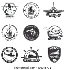 Set of vintage space, nautical, aeronautics flight  emblems