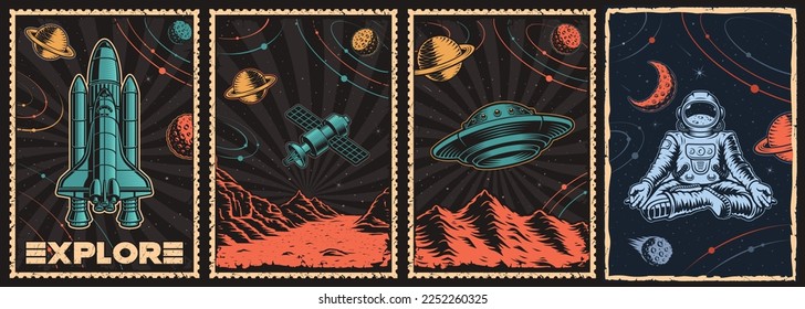 Set of vintage Space Posters with flying saucer, shuttle, space satellite, astronaut meditation. This design can also be used as a t-shirt print. 