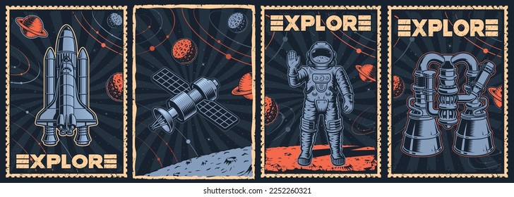 Set of vintage space posters with illustrations such as shuttle, space satellite, astronaut, rocket engine. This design can also be used as a t-shirt print.