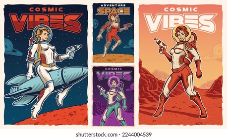 Set of vintage space posters with pin up astronaut girls, planets and space landscape