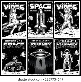 Set of vintage space posters with space shuttle, pin up girl astronaut, space rover, satellite, UFO. This design can also be used as a t-shirt print. 