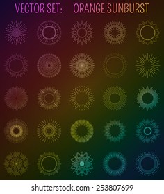 Set of vintage spectrum sunburst. Geometric shapes and light ray collection. Hipster style frames. Vector illustration of grunge design.
