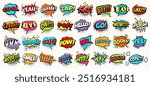 Set of vintage speech bubble, cartoon sticker, cloud communication art and chat balloon with comic text message, halftone, explosion bomb and splash effect in pop art style. Comic quote or idea symbol
