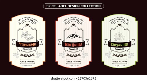 Set of vintage spice label design, vintage style, food, spices, Red Chilli Powder, Turmeric Powder, Coriander Powder. Pure and natural farm fresh, hand drawn vector illustration