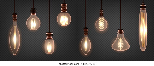 Set Of Vintage Spiral Edison Light Bulb. Realistic Retro Lamp With Soft Amber Hue Glowing. Isolated On A Transparent Background. Vector Illustration.
