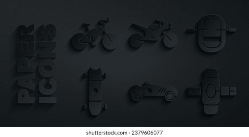 Set Vintage sport racing car, Rafting boat, Longboard skateboard, Knee pads, Motorcycle and Bicycle icon. Vector