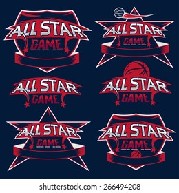 Set Of Vintage Sports All Star Crests With Basketball Theme