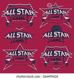 set of vintage sports all star crests with basketball theme