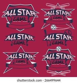 Set Of Vintage Sports All Star Crests With Baseball Theme