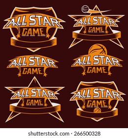 set of vintage sports all star crests with basketball theme