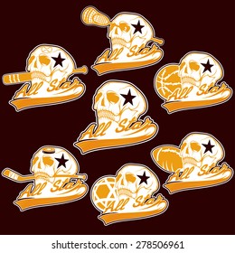 set of vintage sports all star crests with skulls
