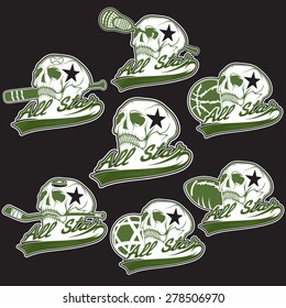 set of vintage sports all star crests with skulls