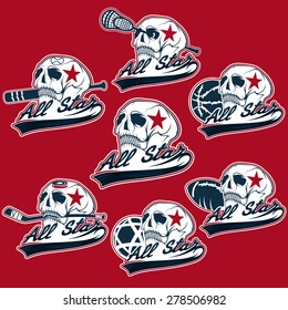 set of vintage sports all star crests with skulls