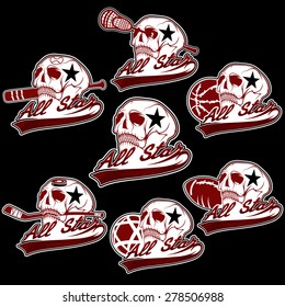 set of vintage sports all star crests with skulls