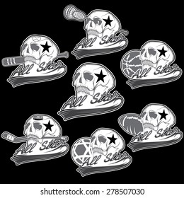 set of vintage sports all star crests with skulls