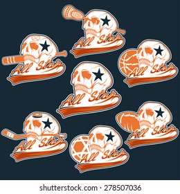 set of vintage sports all star crests with skulls