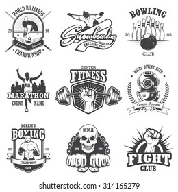 Set of vintage sports emblems, labels, badges and logos. Monochrome style