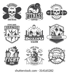 Set of vintage sports emblems, labels, badges and logos. Monochrome style