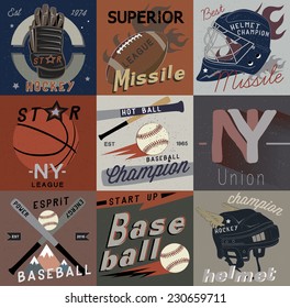 Set vintage of sports vector logos, labels and design elements. Sports emblems: rugby, hockey, basketball, baseball.