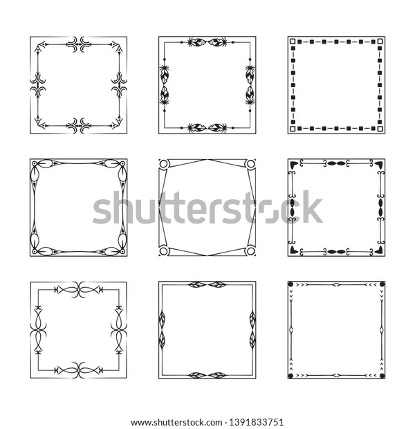 Set of vintage square elegant frames and
wedding flourish borders. Vector isolated calligraphic filigree
design elements.