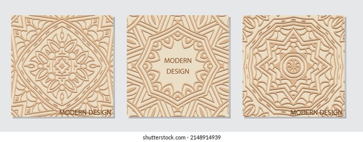 Un conjunto de banderas de la web beige grabadas en cuadrado con un patrón geométrico étnico 3D, un marco para el texto. Creatividad de los pueblos de Oriente, Asia, India, México, Aztecas, Perú. Estilo hecho a mano.